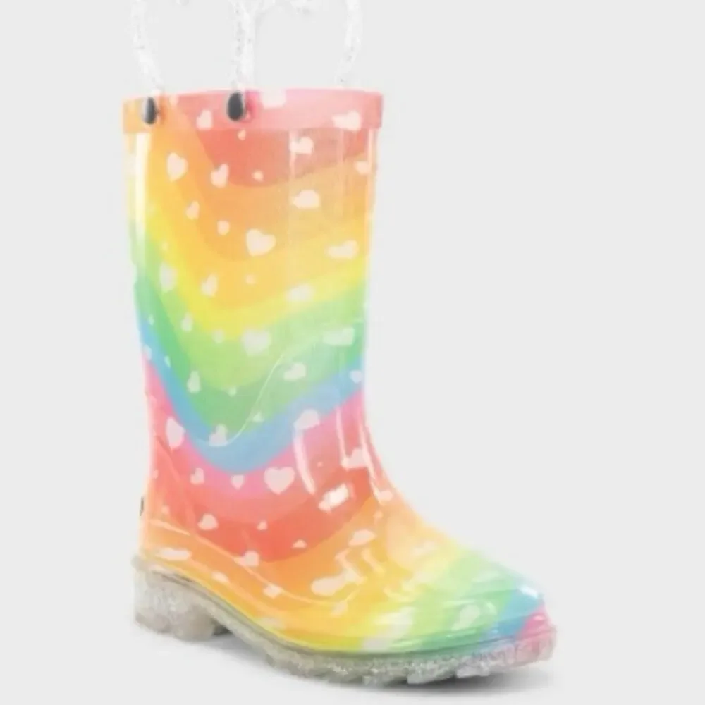 Western Chief Rain Boots Toddler Girls Size 5 Rainbow Heart Waves Light Up